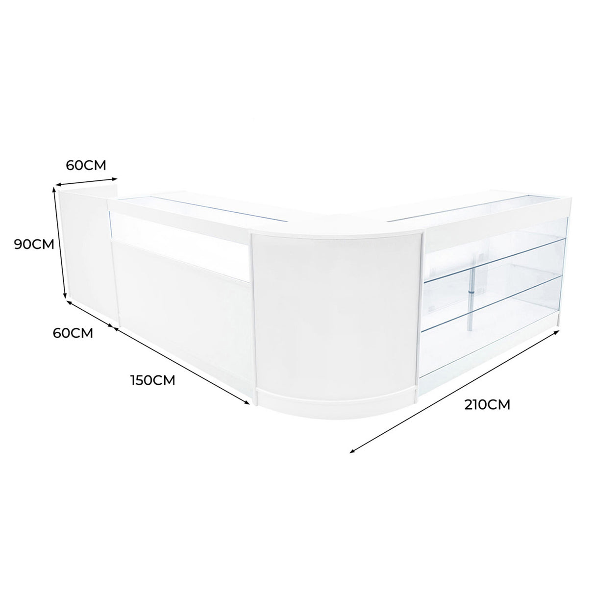 Comptoir de vente à LED blanc, design moderne avec surfaces lisses, dimensions 210x150x90 cm, éclairage intégré et rangement pratique