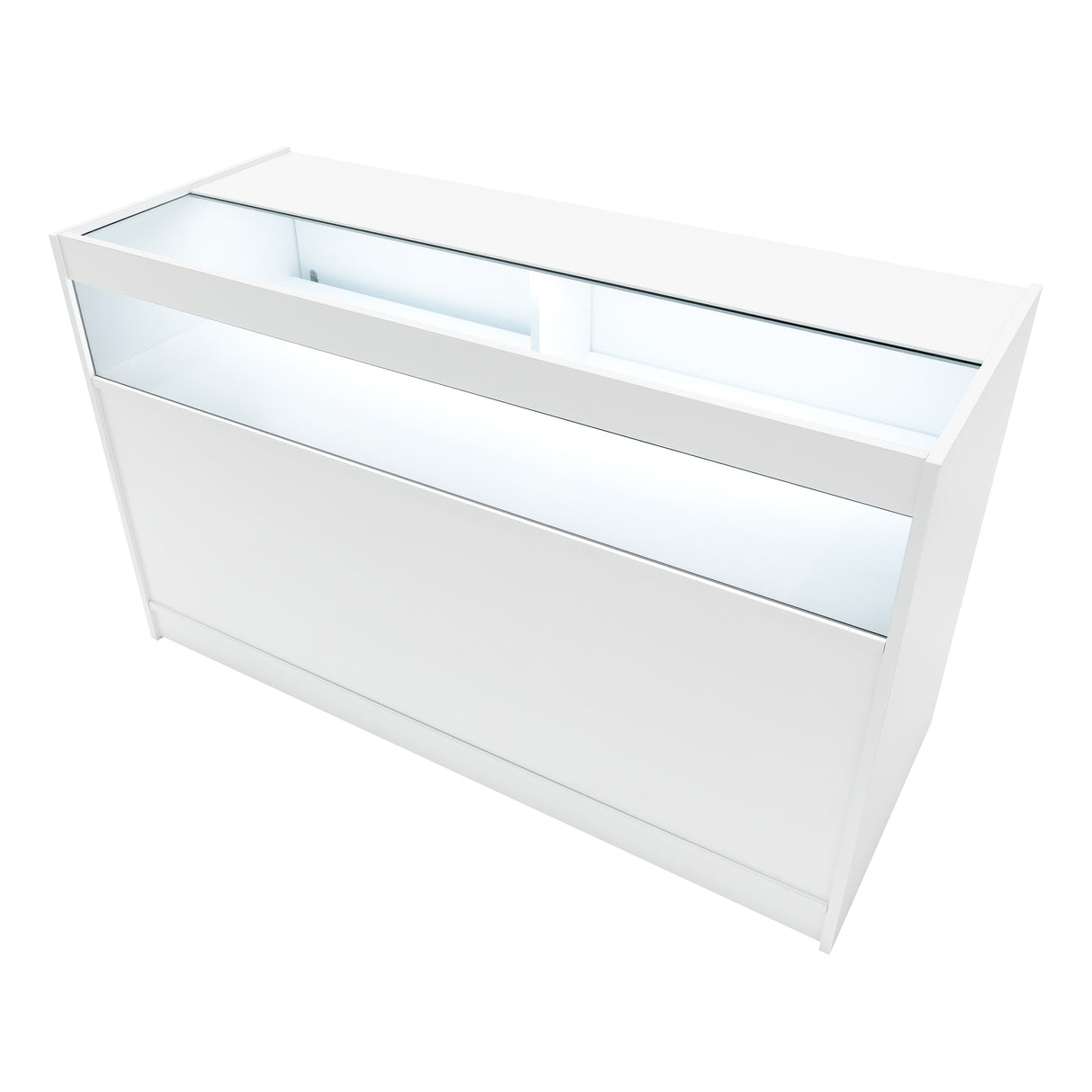 Comptoir de vente à LED Polaris blanc, design moderne, surface lisse, éclairage intégré, parfait pour les présentations de produits