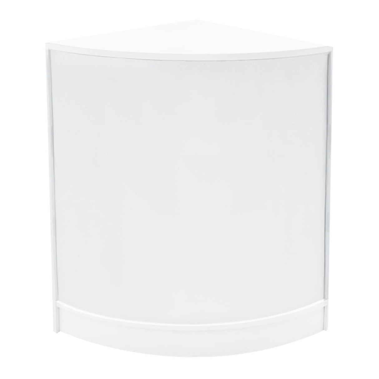 Comptoir de vente à LED Polaris en blanc, forme angulaire, surface lisse et brillante, idéal pour les présentations et événements