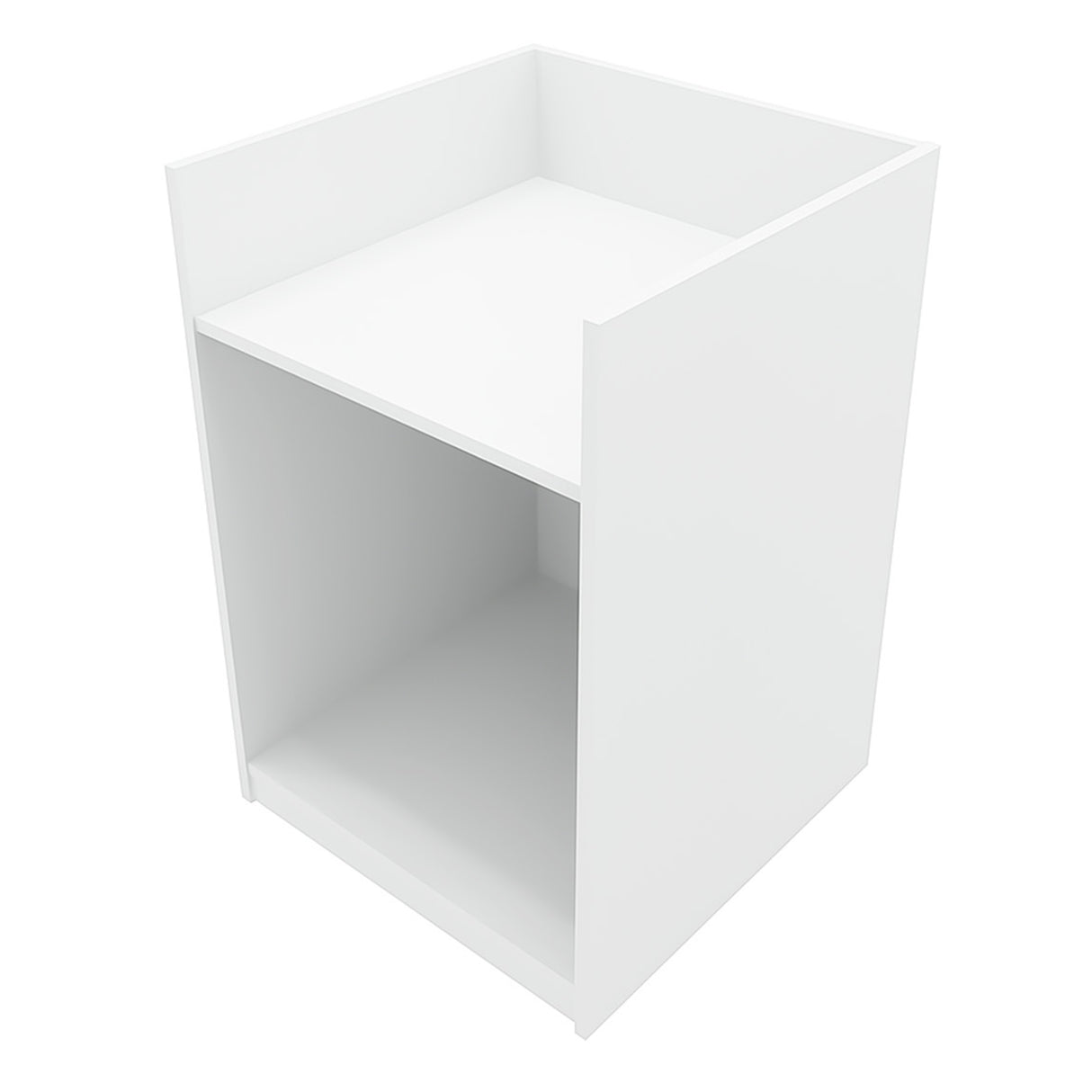 Comptoir de vente à LED blanc, design moderne, finition lisse, avec un espace de rangement ouvert et un plateau supérieur épuré