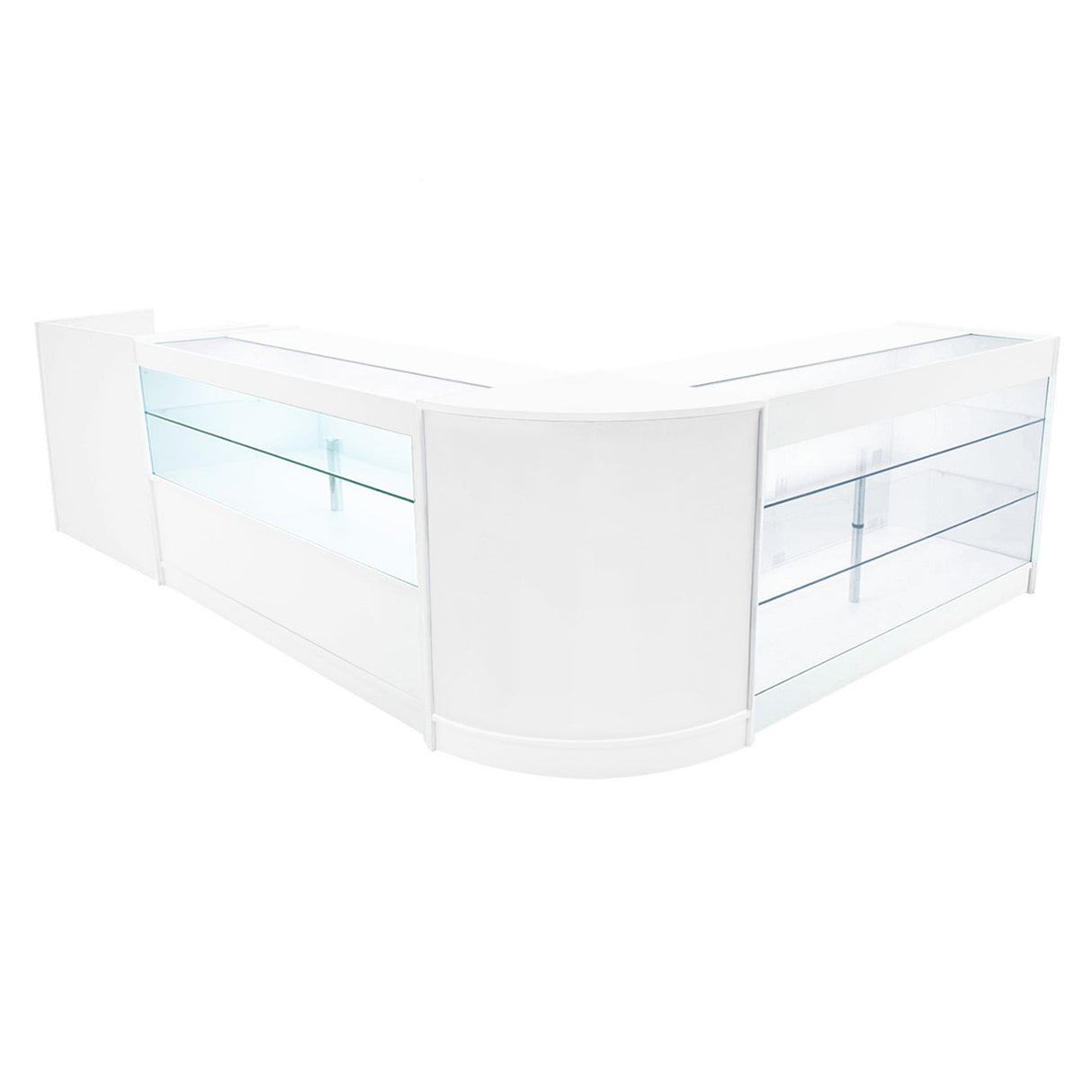 Comptoir de vente à LED en blanc, design moderne avec surfaces lisses, étagères en verre transparent et éclairage intégré