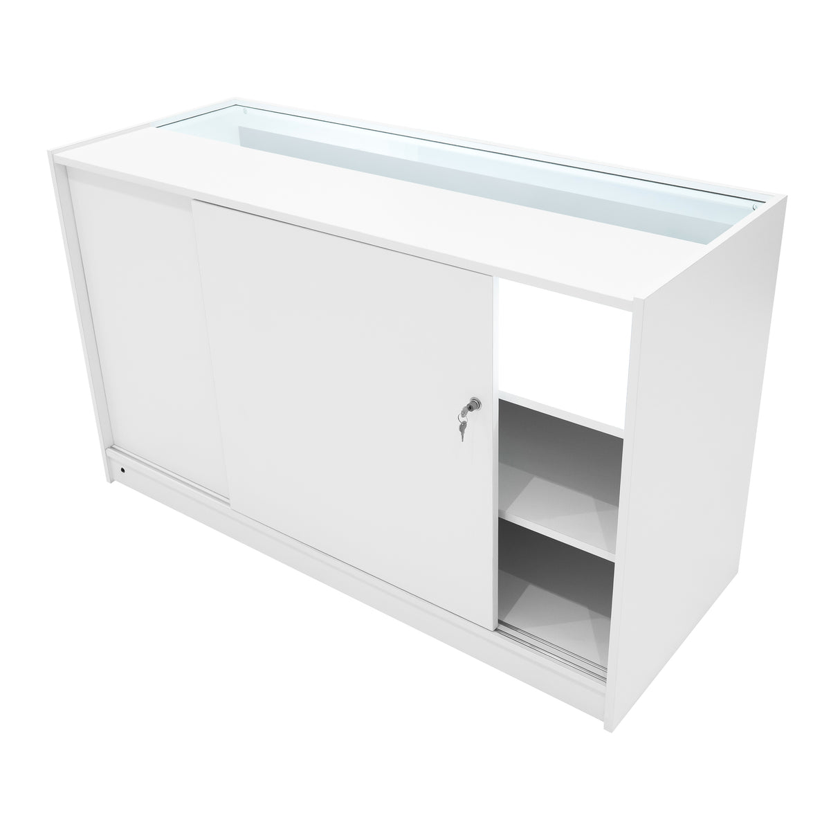 Comptoir de vente à LED blanc, design moderne avec portes coulissantes, espace de rangement intérieur et éclairage intégré