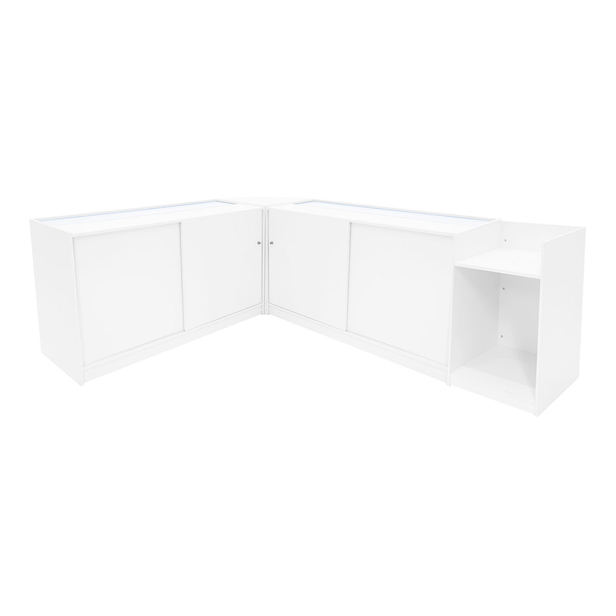 Comptoirs de vente à LED Vega en blanc, avec surfaces lisses, angles arrondis et espaces de rangement intégrés, design moderne et épuré
