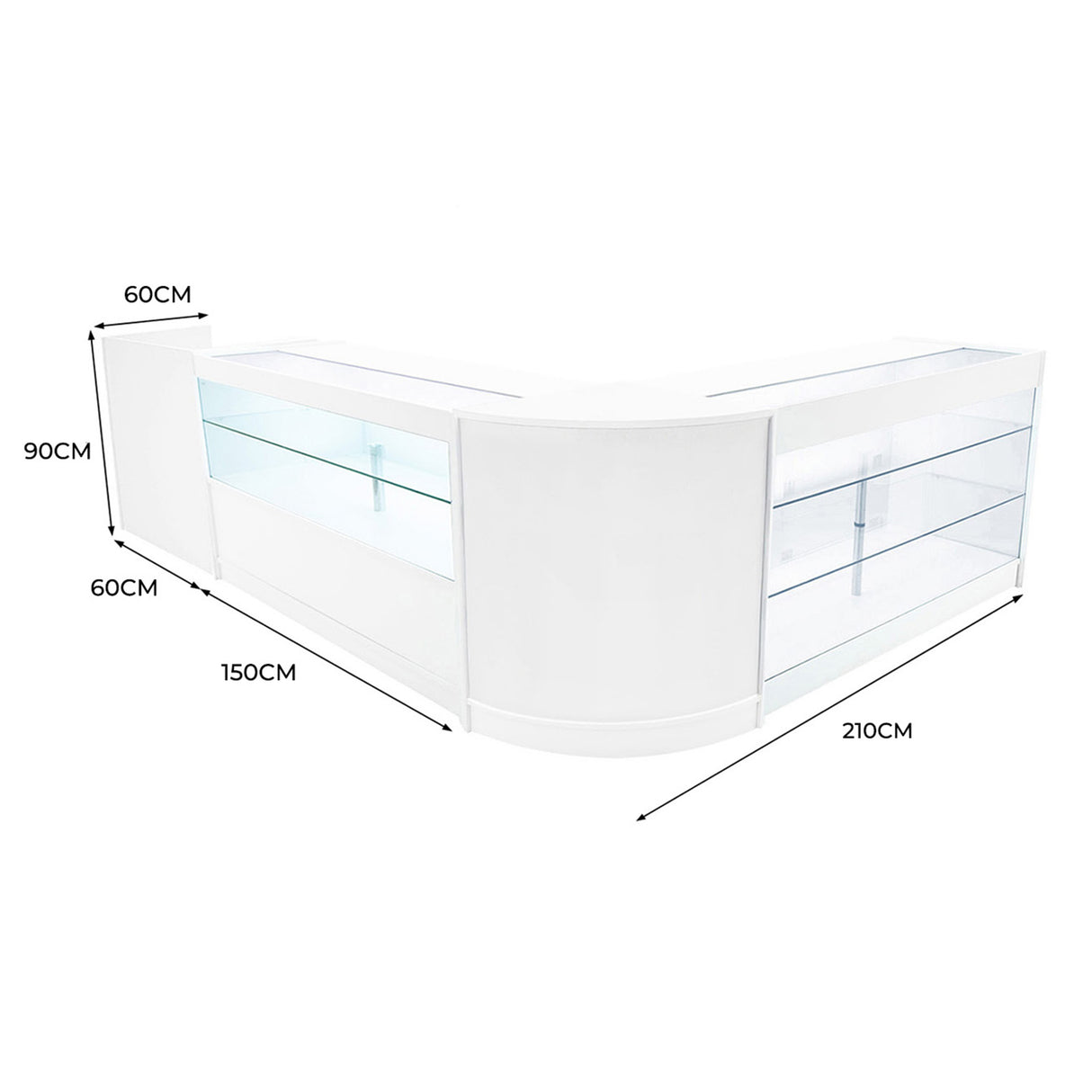 Comptoir de vente à LED blanc en forme de L, avec vitrines en verre, dimensions 210x150x90 cm, design moderne et épuré