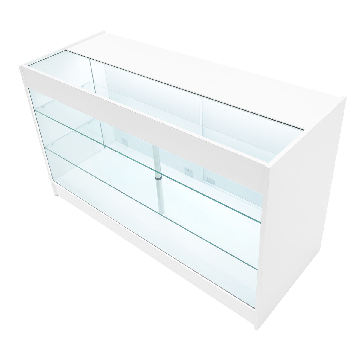 Comptoir de vente à LED blanc, design moderne avec étagères en verre transparent, éclairage intégré et finition lisse