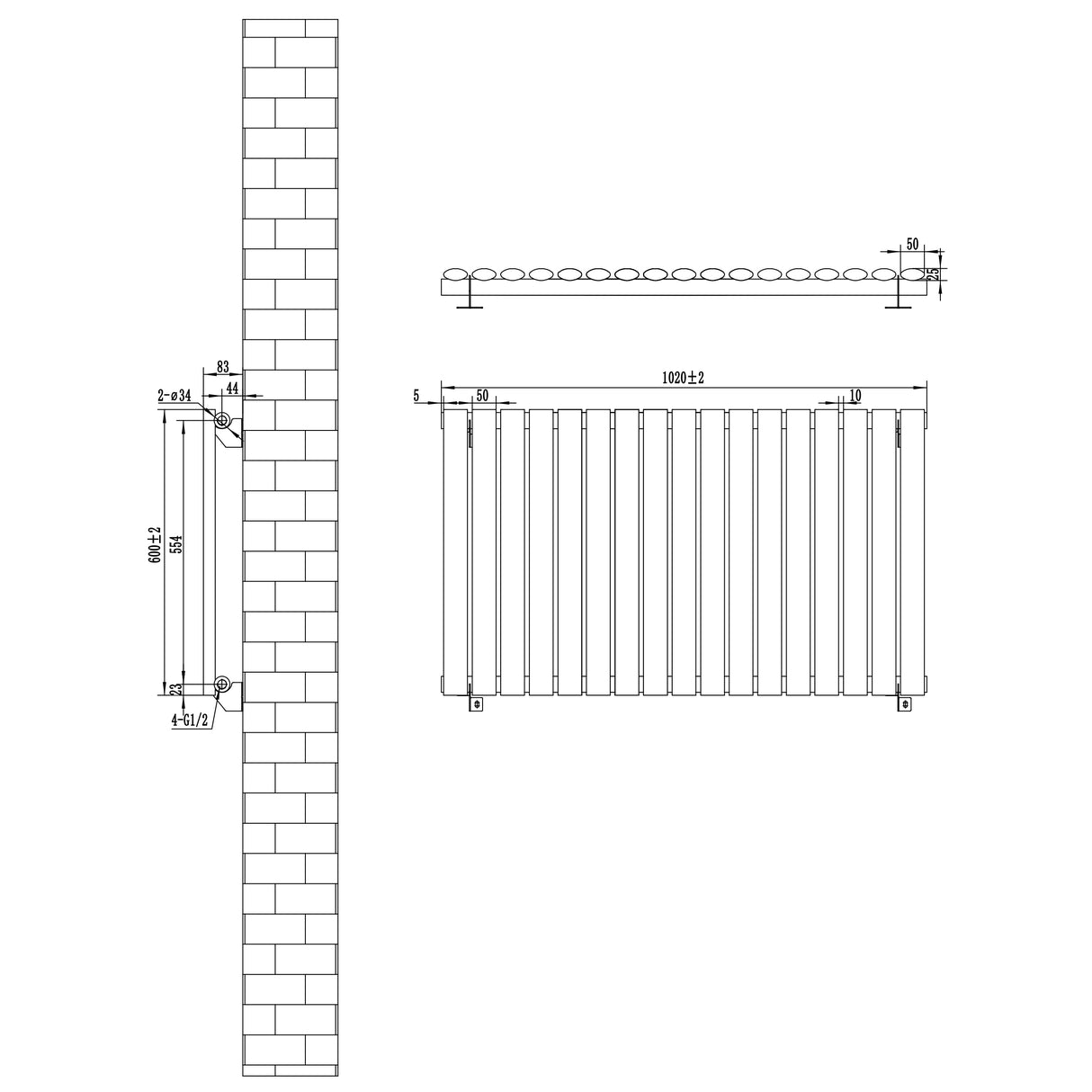 Radiateur à Colonnes Ovales & Vannes, 1 Panneau - 600 x 1020 mm - Blanc