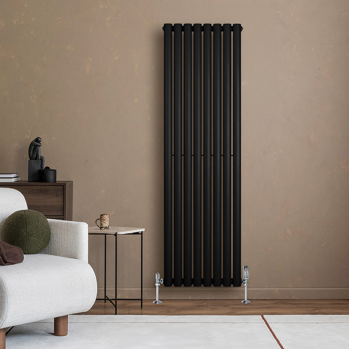 Radiateur à Colonnes Ovales & Vannes, 1 Panneau - 1600 x 480 mm - Noir
