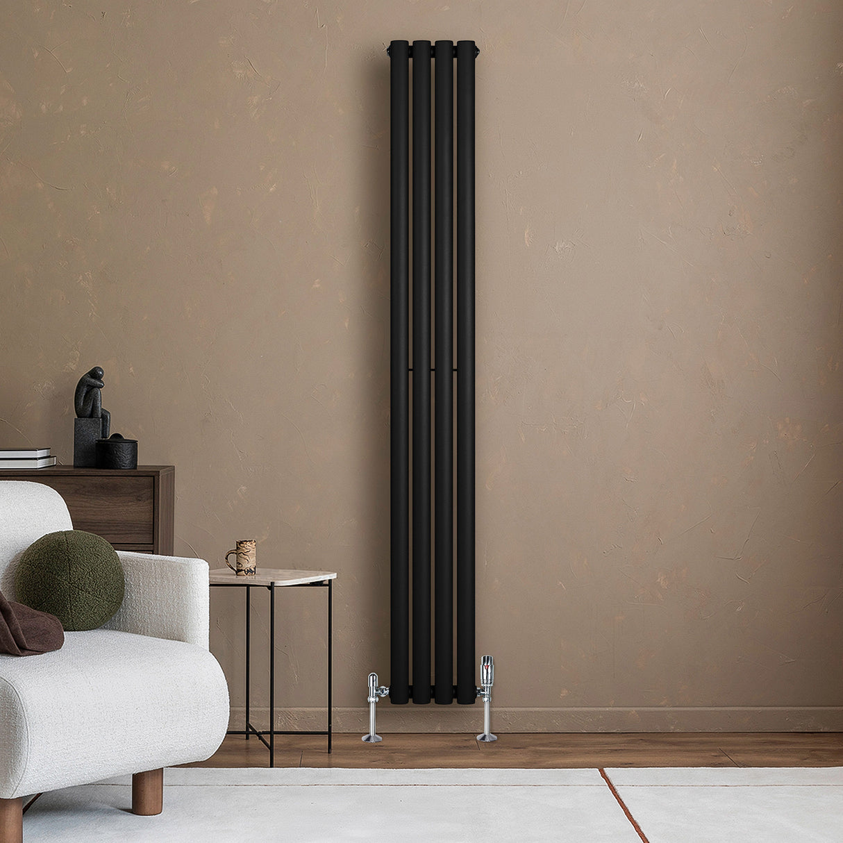 Radiateur à Colonnes Ovales & Vannes, 1 Panneau - 1800 x 240 mm - Noir