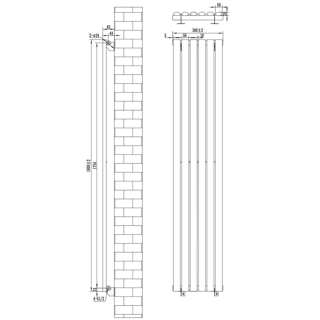 Radiateur à Colonnes Ovales & Vannes, 1 Panneau - 1800 x 360 mm - Blanc