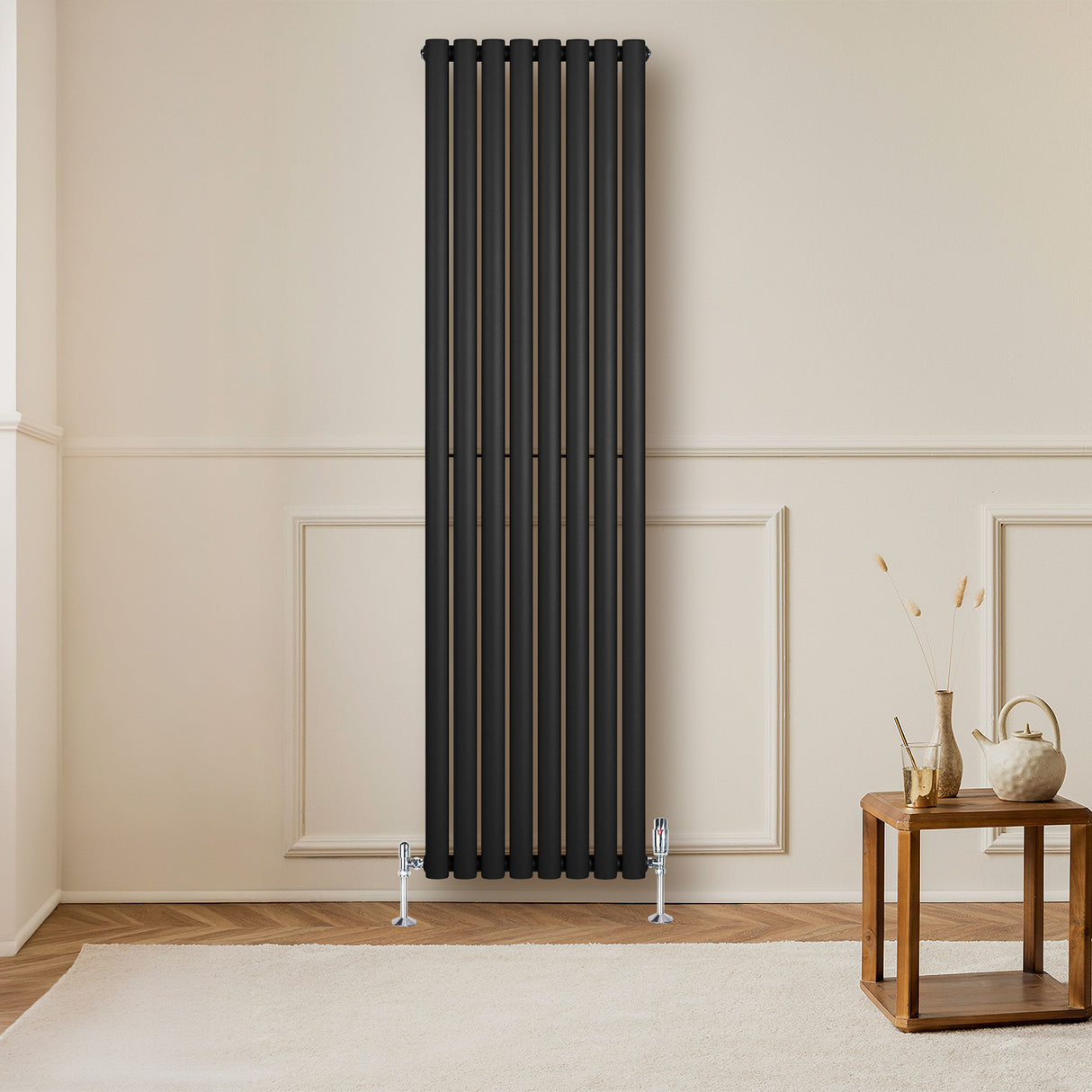 Radiateur à Colonnes Ovales & Vannes, 1 Panneau - 1800 x 480 mm - Noir