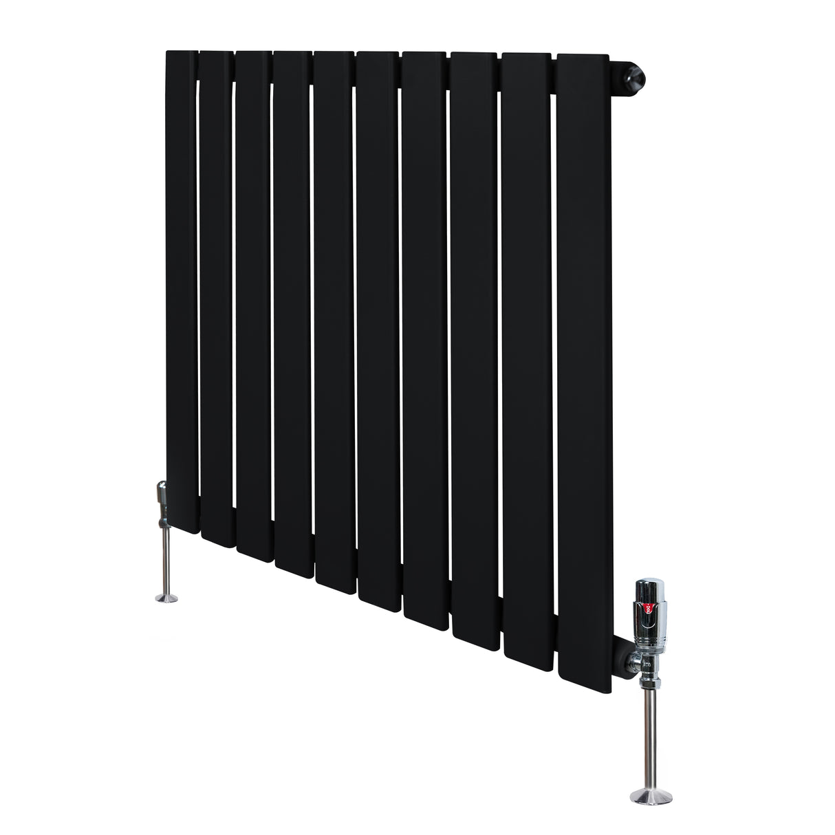 Radiateur plat noir à 1 panneau, dimensions 600 x 700 mm, avec vannes élégantes et surface lisse, idéal pour un intérieur moderne