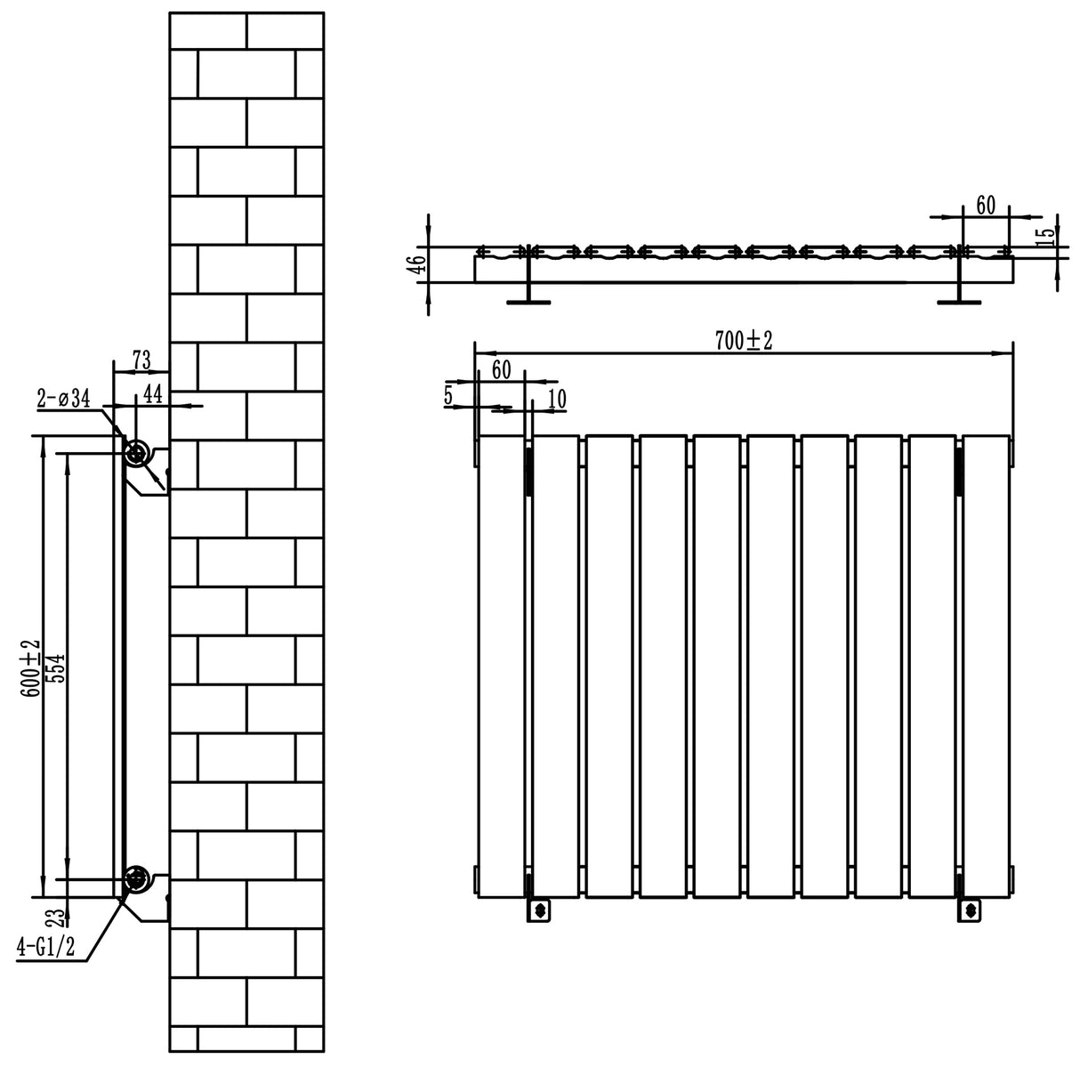 Radiateur plat noir à un panneau, dimensions 600 x 700 mm, design moderne avec lignes épurées et finition lisse, idéal pour un intérieur contemporain