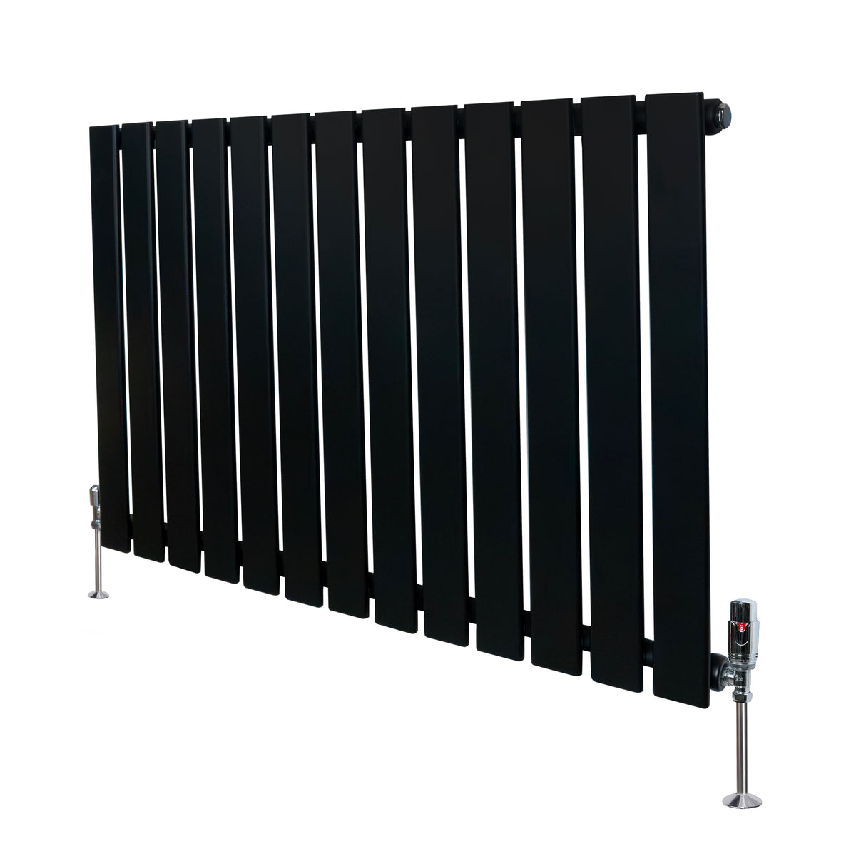 Radiateur plat noir à 1 panneau, dimensions 600 x 910 mm, avec vannes élégantes et finition lisse, idéal pour un intérieur moderne
