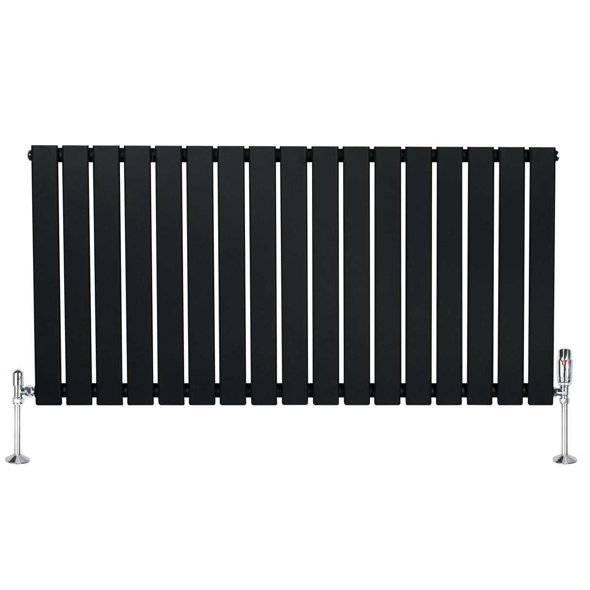 Radiateur plat noir à 1 panneau, dimensions 600 x 1190 mm, avec vannes chromées et surface lisse, design moderne et élégant