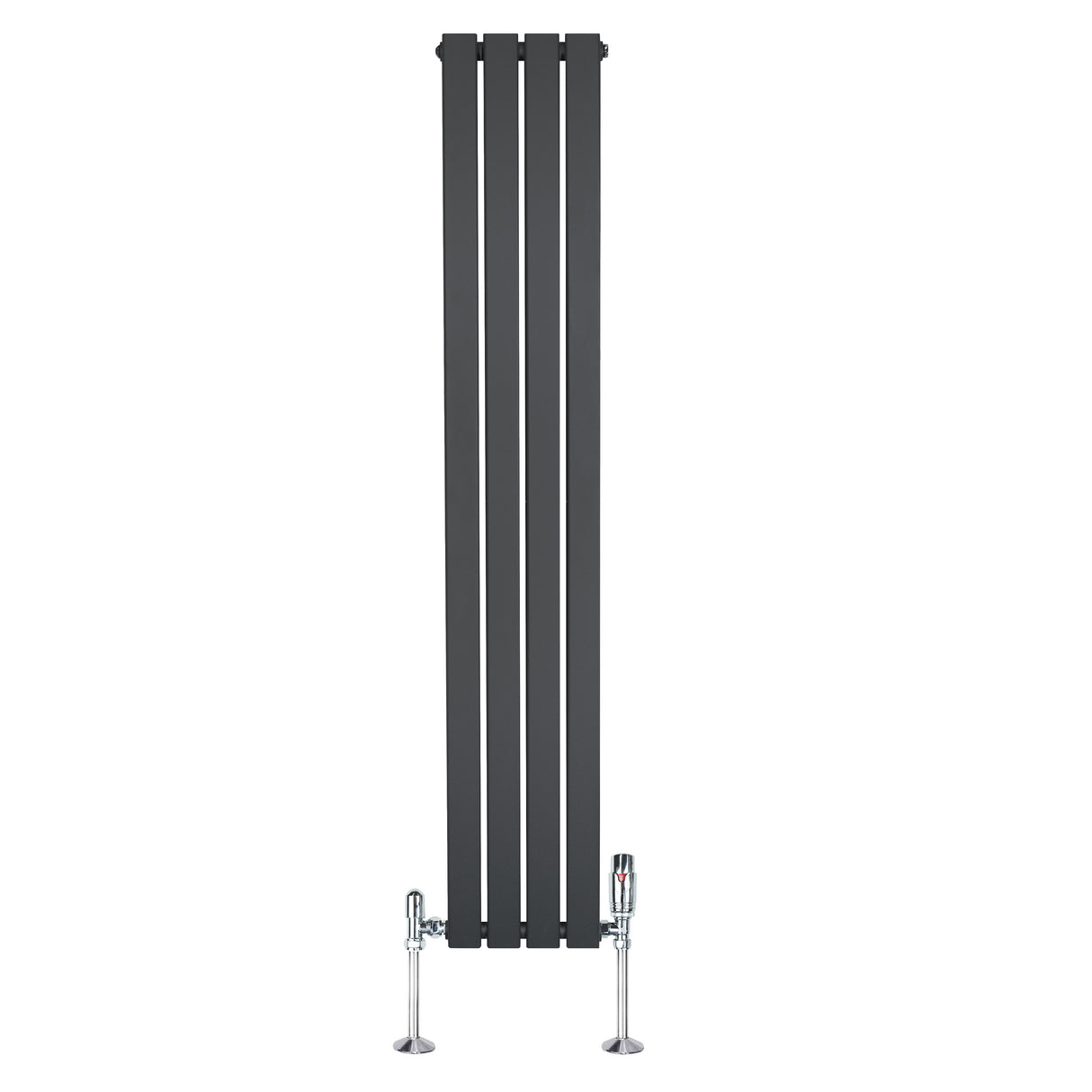 Radiateur plat gris anthracite à 1 panneau, dimensions 1600 x 280 mm, avec vannes élégantes et design moderne, surface lisse et rectangulaire