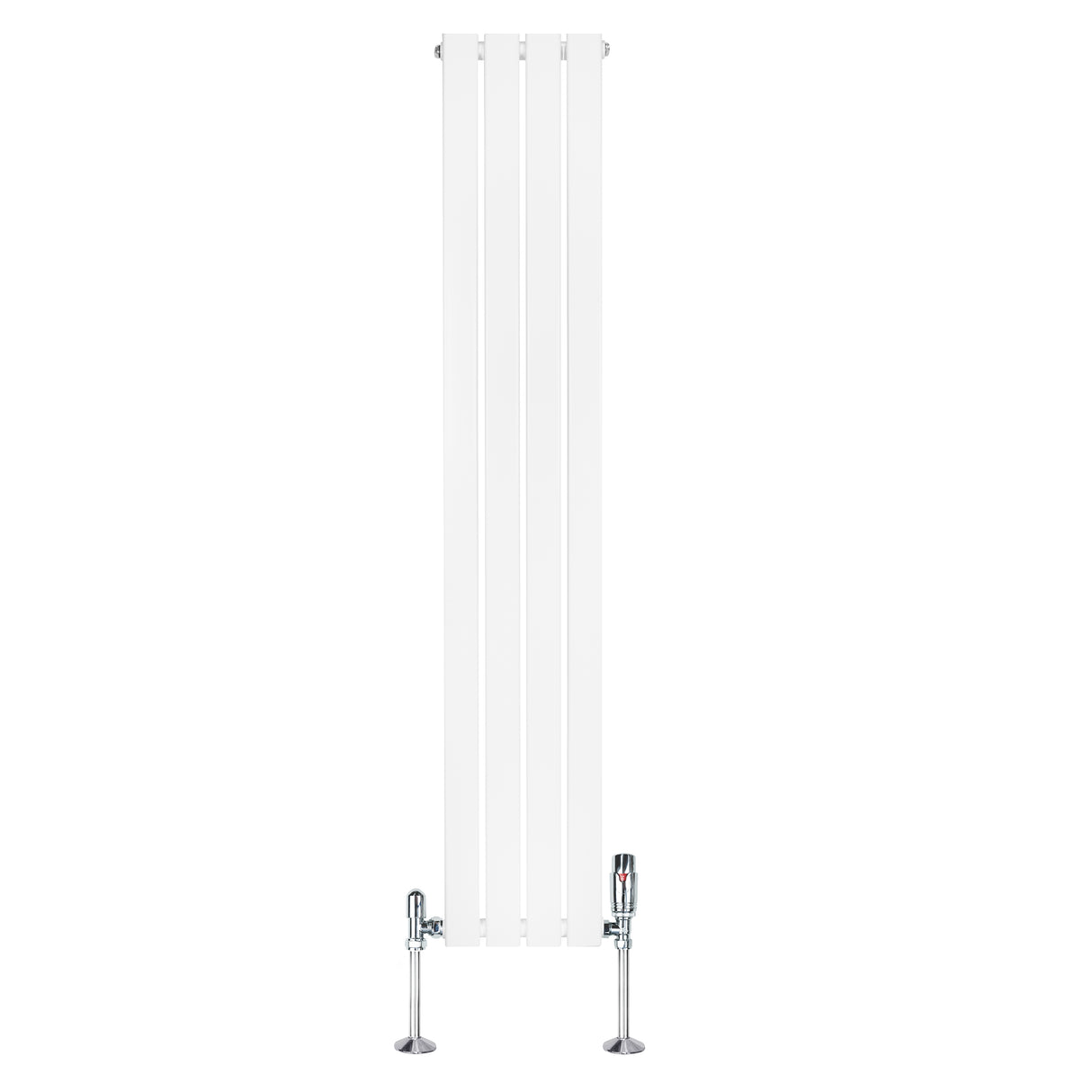 Radiateur plat blanc à un panneau, dimensions 1600 x 280 mm, avec vannes chromées, design moderne et épuré, surface lisse