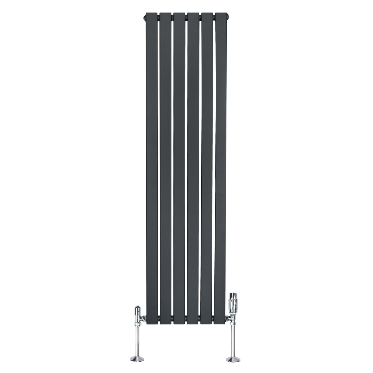 Radiateur plat à un panneau gris anthracite, design vertical avec vannes, dimensions 1600 x 420 mm, finition lisse et moderne