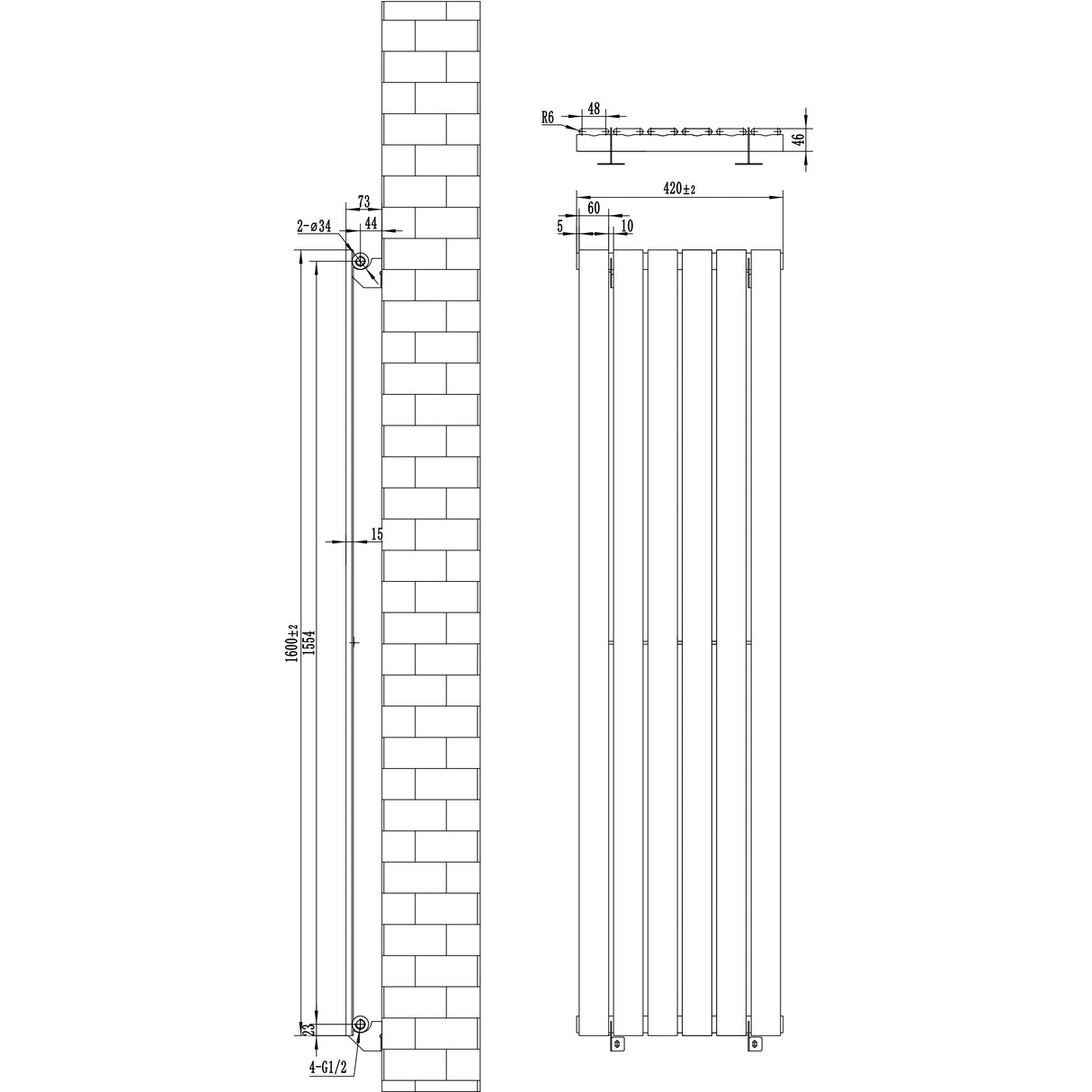 Radiateur plat blanc à 1 panneau, dimensions 1600 x 420 mm, avec vannes, design moderne et lignes épurées, adapté pour un intérieur contemporain