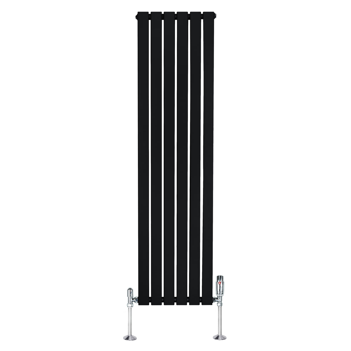 Radiateur plat noir à 1 panneau, dimensions 1600 x 420 mm, avec vannes chromées, design moderne et lignes épurées
