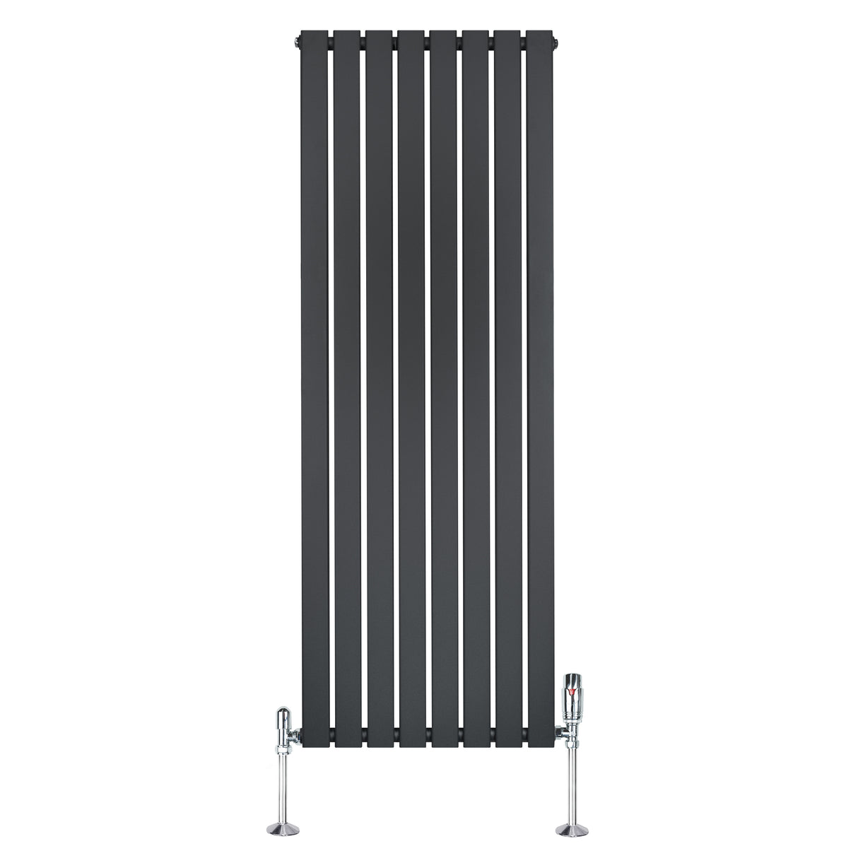Radiateur plat à 1 panneau en gris anthracite, design vertical avec finitions lisses et vannes chromées, dimensions 1600 x 560 mm