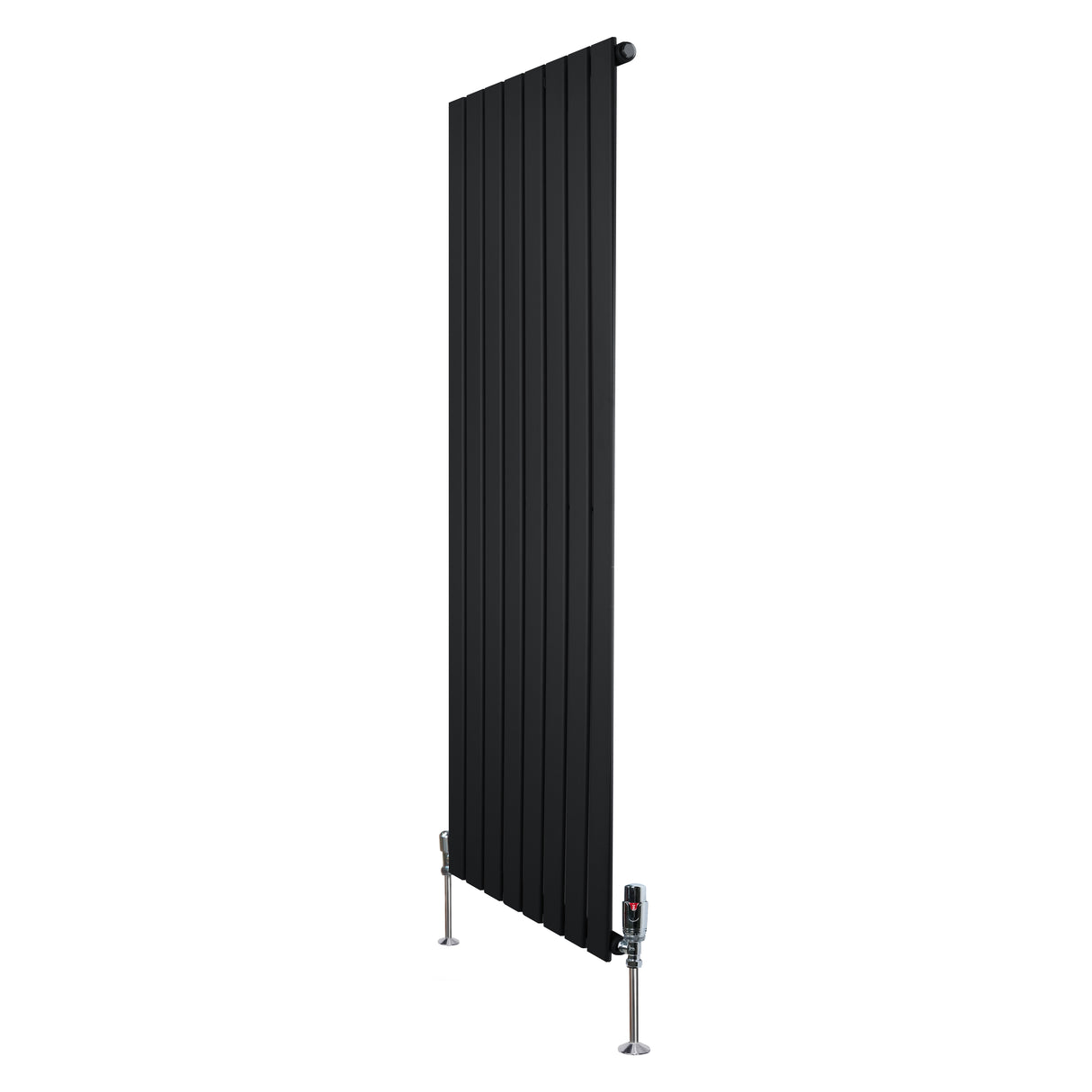Radiateur plat noir à un panneau, dimensions 1600 x 560 mm, avec vannes élégantes et finition lisse, idéal pour un intérieur moderne
