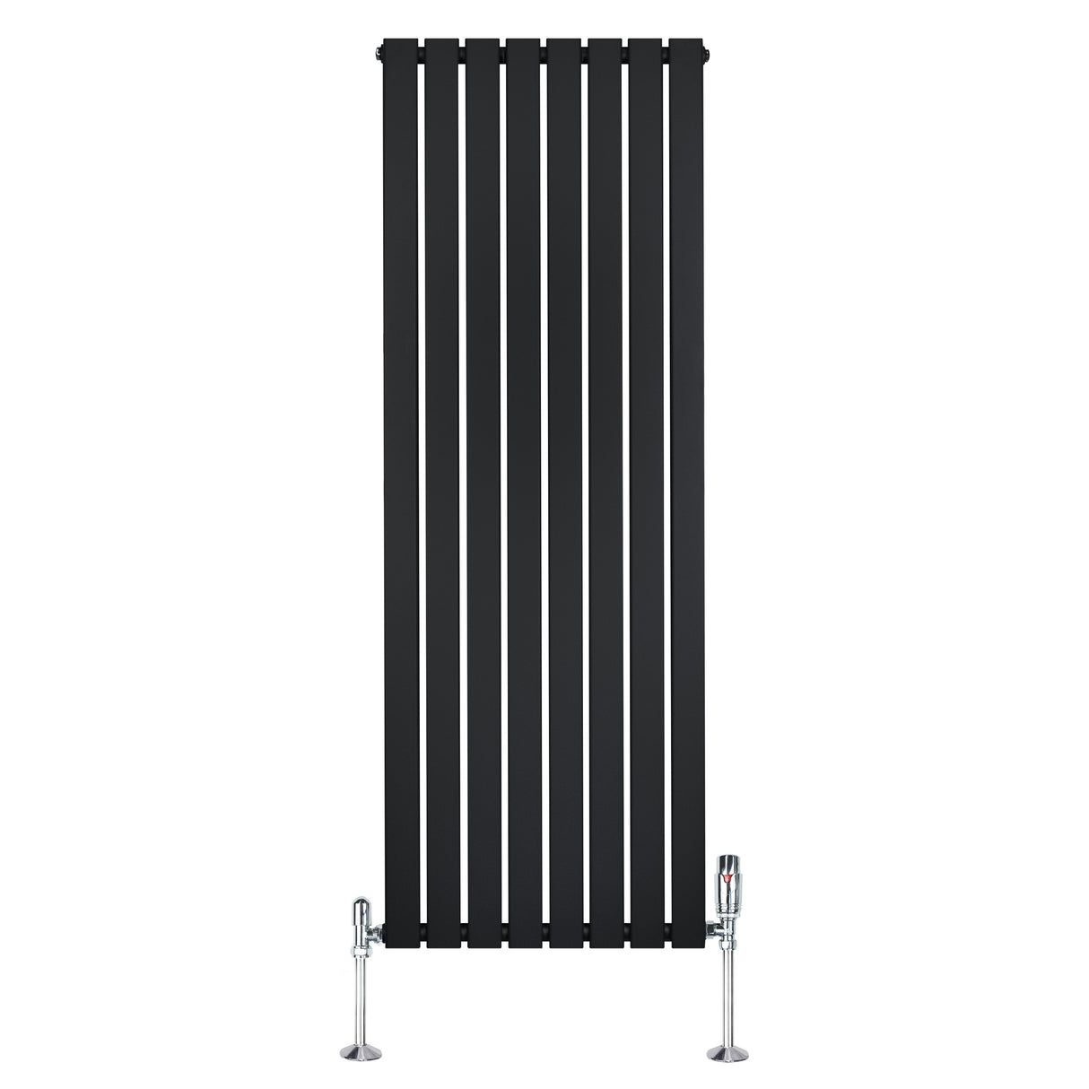 Radiateur plat noir à 1 panneau, dimensions 1600 x 560 mm, avec vannes chromées et design moderne à l'aspect lisse et élégant