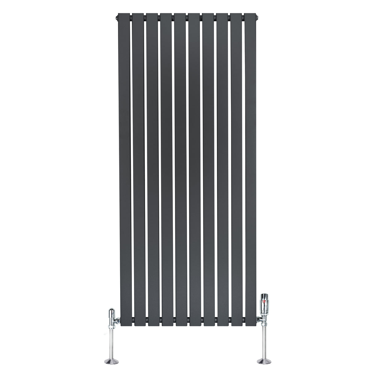 Radiateur plat à un panneau gris anthracite, dimensions 1600 x 700 mm, avec vannes chromées et design moderne à lattes verticales