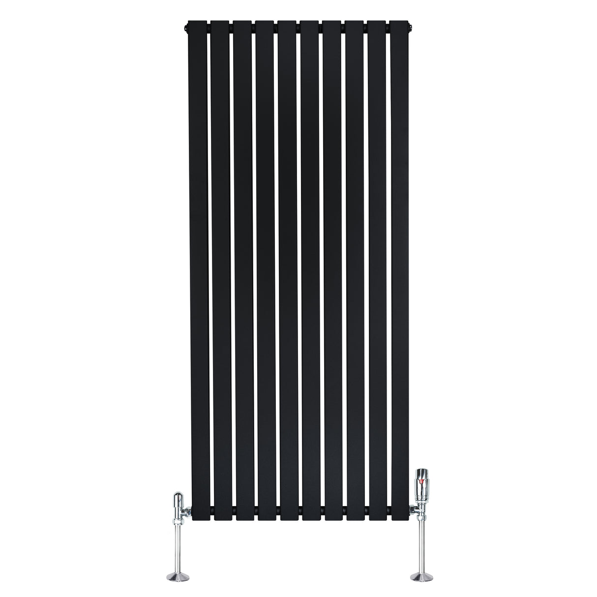 Radiateur plat noir à 1 panneau, dimensions 1600 x 700 mm, avec vannes chromées et design moderne à l'aspect lisse et élégant