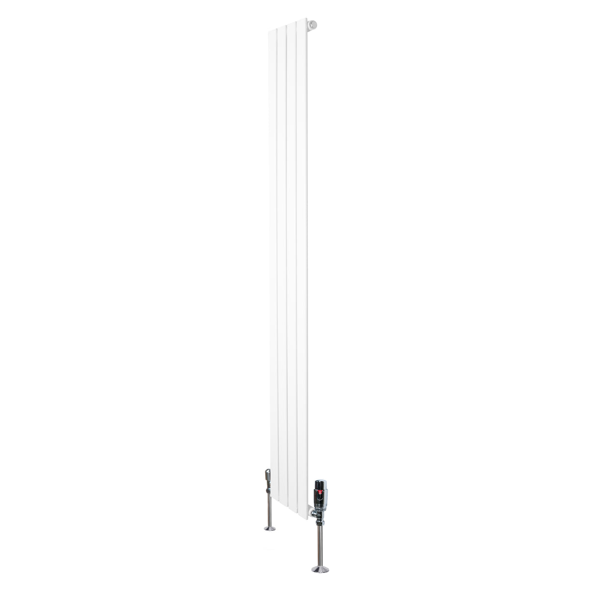 Radiateur plat blanc à un panneau, dimensions 1800 x 280 mm, avec vannes en métal et finition lisse, design moderne et épuré
