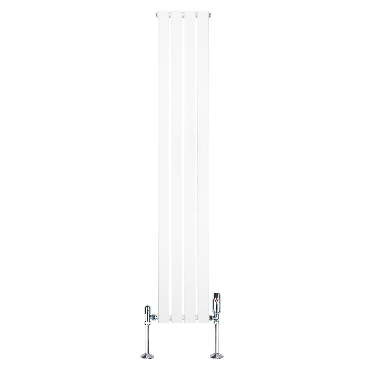 Radiateur plat blanc à 1 panneau, dimensions 1800 x 280 mm, avec vannes chromées, design moderne et épuré, surface lisse et brillante