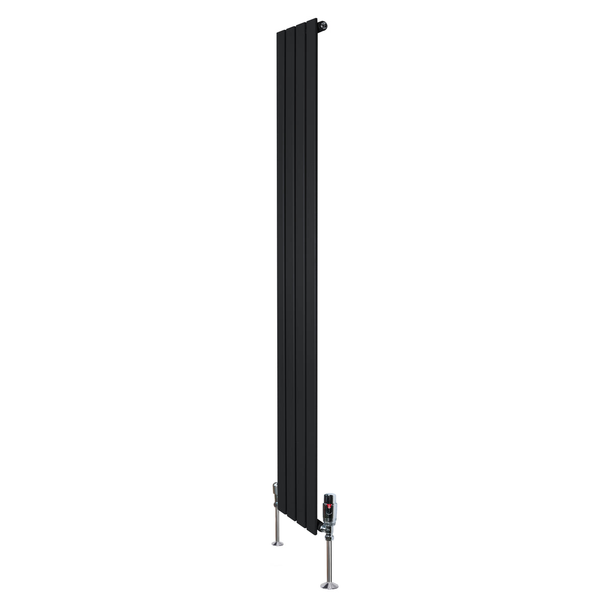 Radiateur plat noir à un panneau, dimensions 1800 x 280 mm, avec vannes élégantes et finition lisse, idéal pour un intérieur moderne