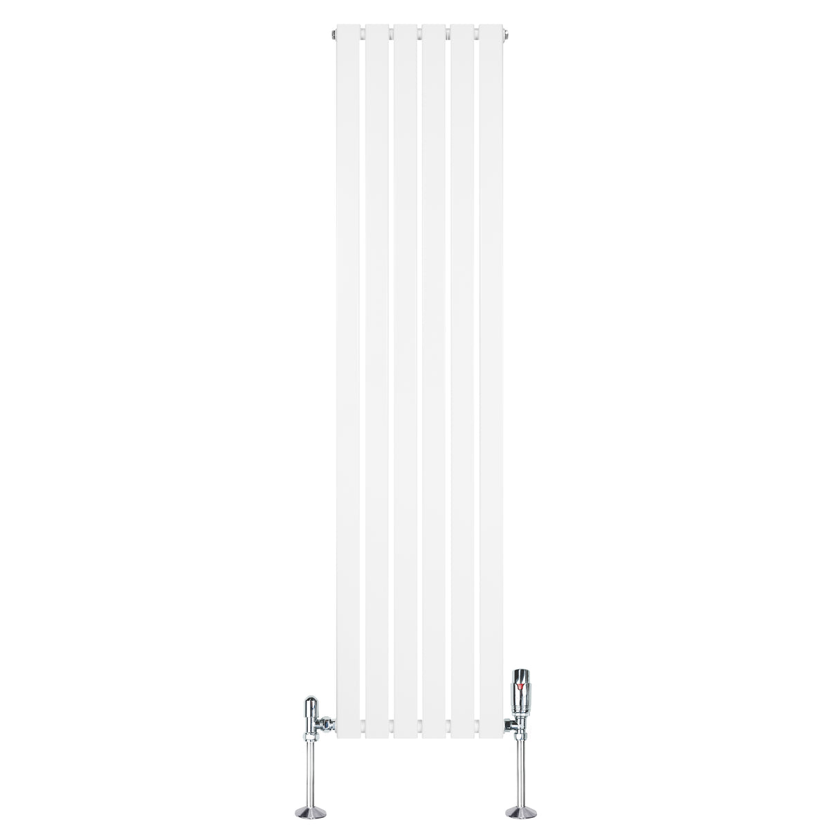 Radiateur plat blanc à un panneau, dimensions 1800 x 420 mm, avec vannes chromées et surface lisse, design moderne et épuré
