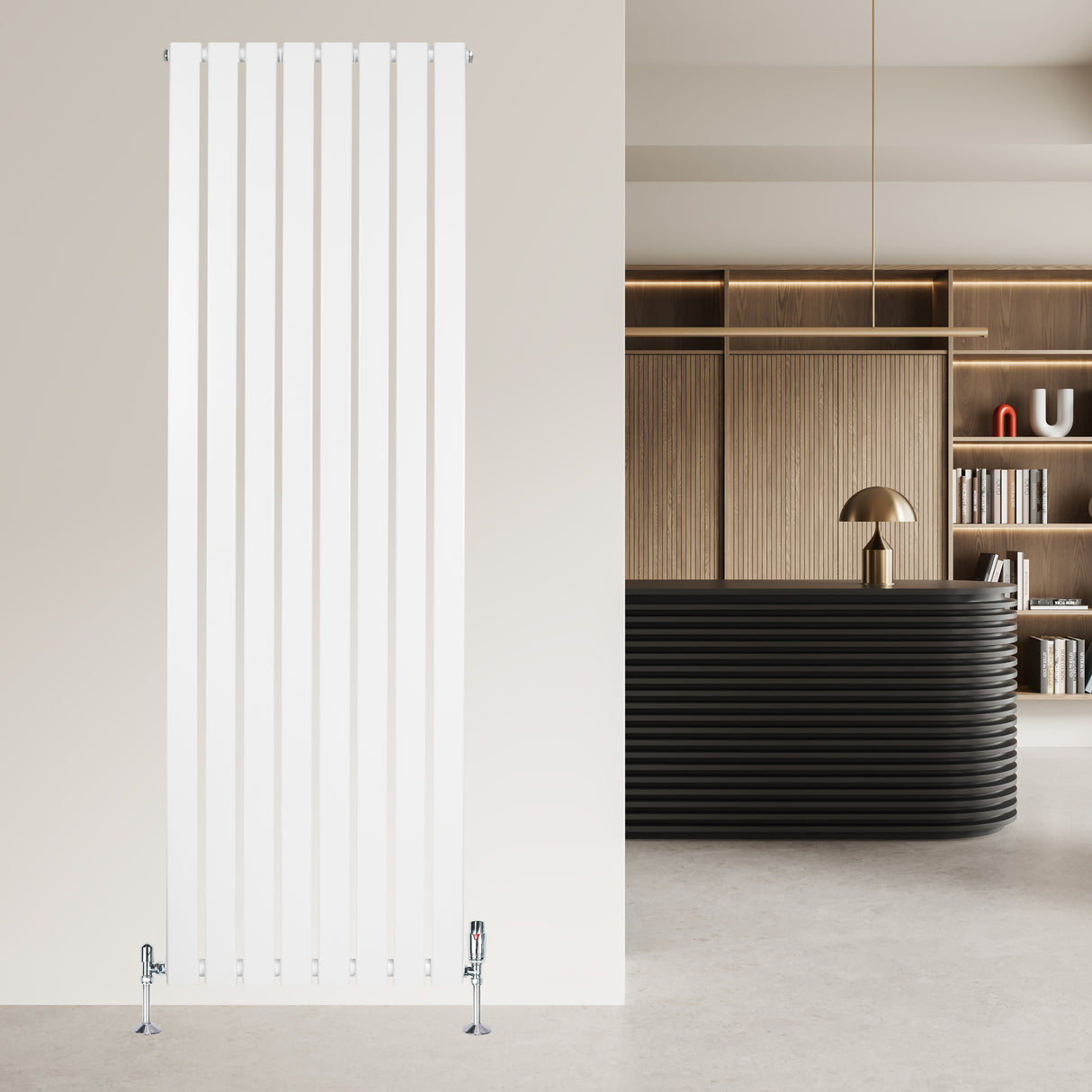 Radiateur plat blanc à 1 panneau, dimensions 1800 x 560 mm, avec vannes, design moderne et lignes épurées, installé dans un intérieur contemporain