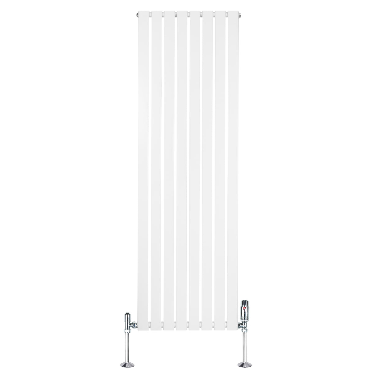 Radiateur plat blanc à 1 panneau, dimensions 1800 x 560 mm, avec vannes chromées, design moderne et lignes épurées