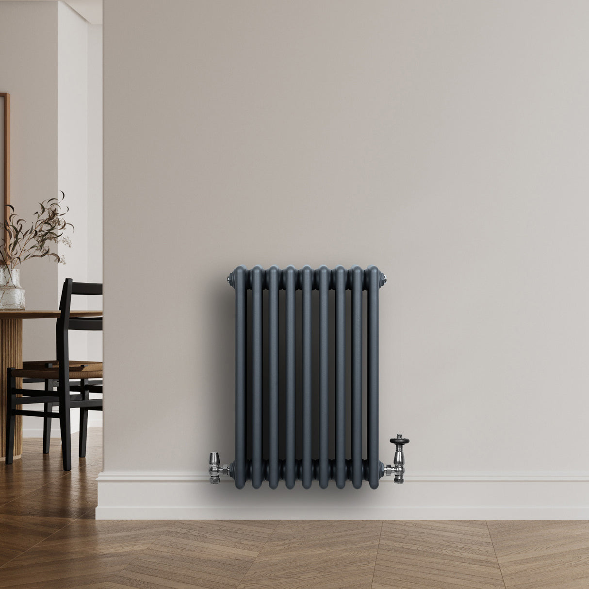 Radiateur Traditionnel à 4 Colonnes & Vannes - 600 x 425 mm - Gris Anthracite
