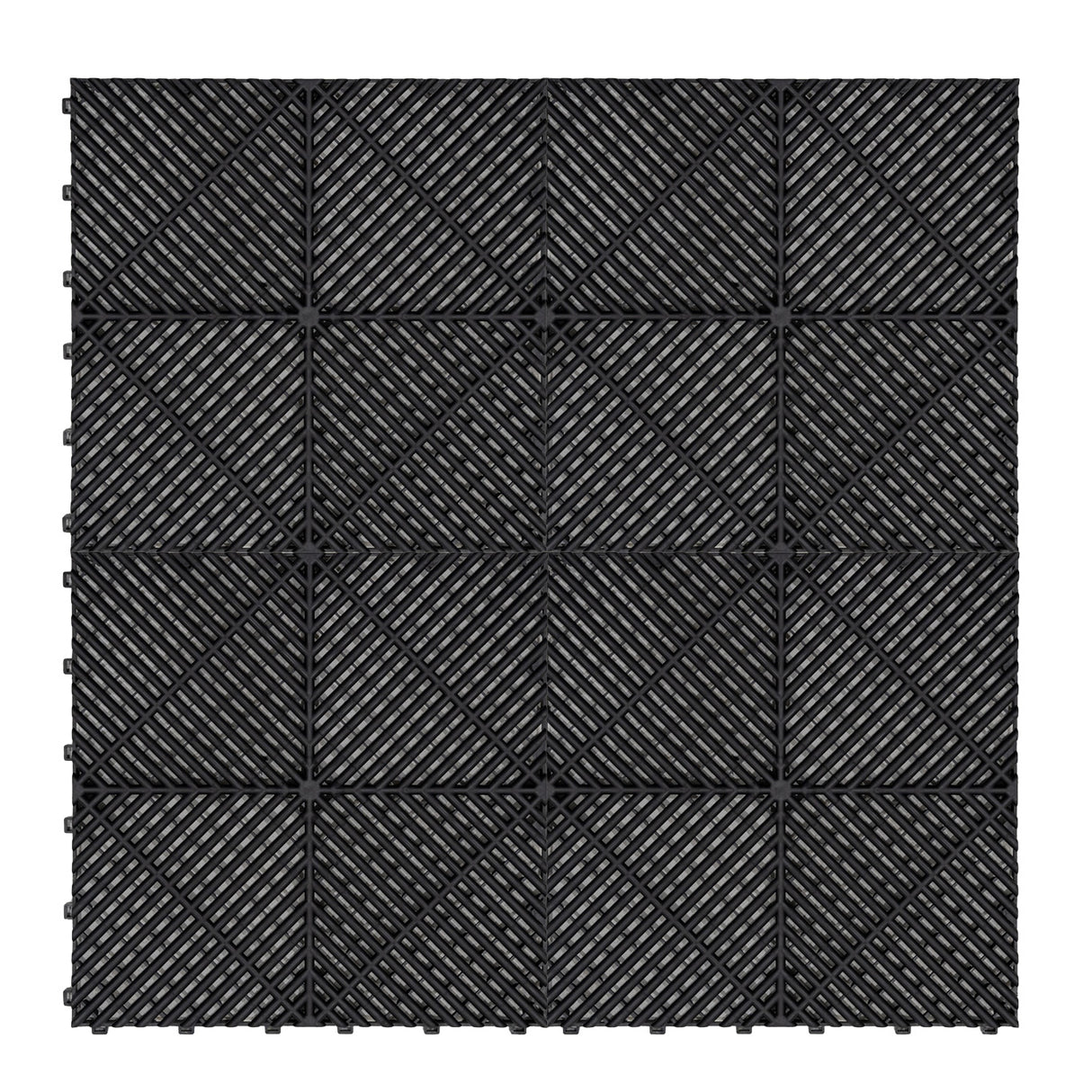 Carrelage de sol ventilé noir pour garage, avec une texture en relief et des motifs en diagonale, offrant durabilité et style