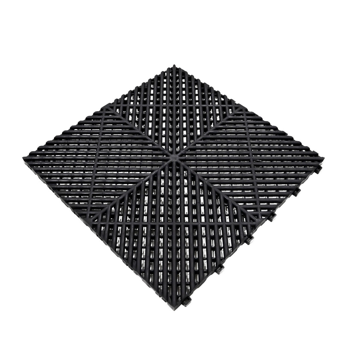 Carrelage de sol ventilé noir en plastique, conçu pour garage, avec texture en relief et bordure pour une installation facile