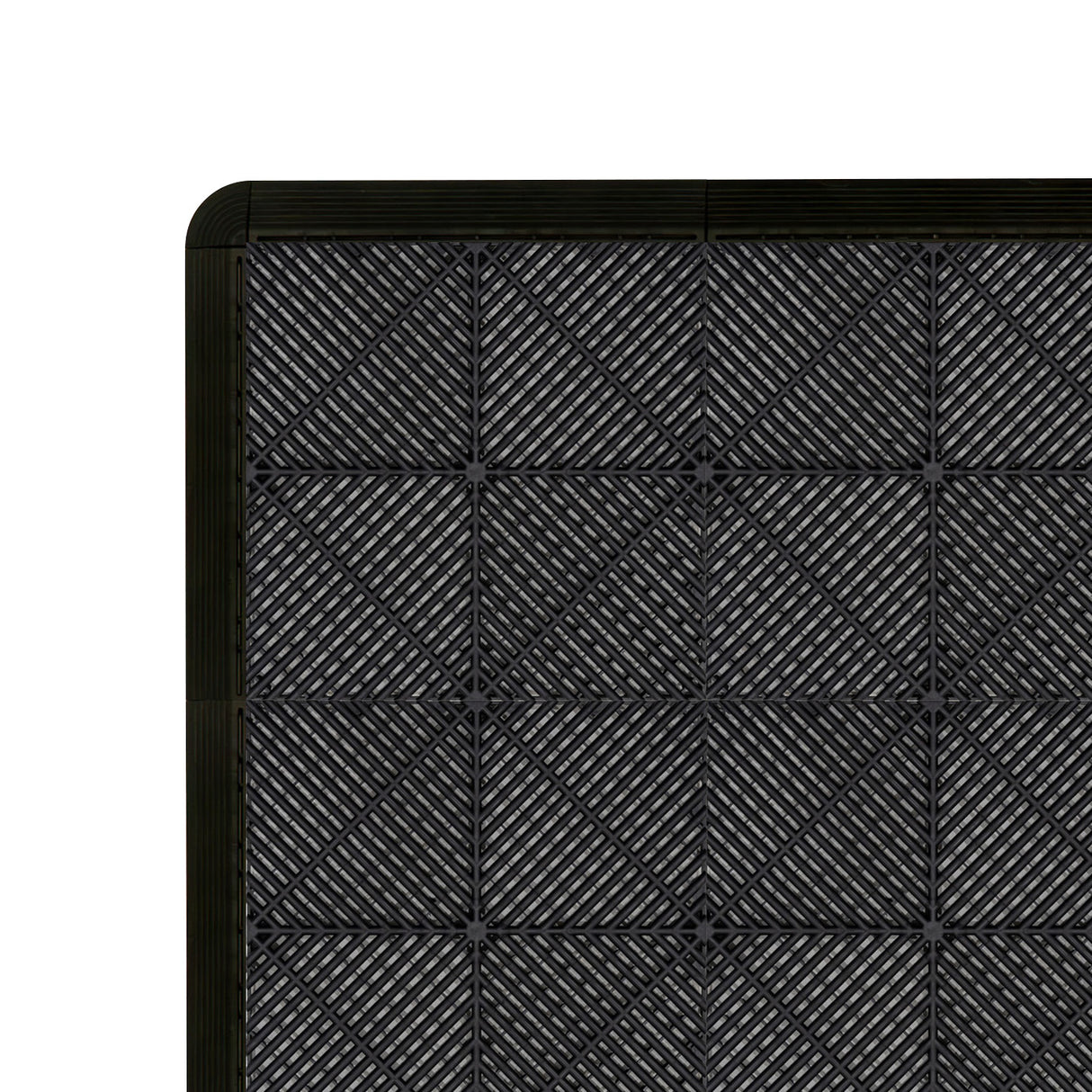Carrelage de sol ventilé noir pour garage, avec une texture en relief et une bordure, offrant robustesse et style moderne