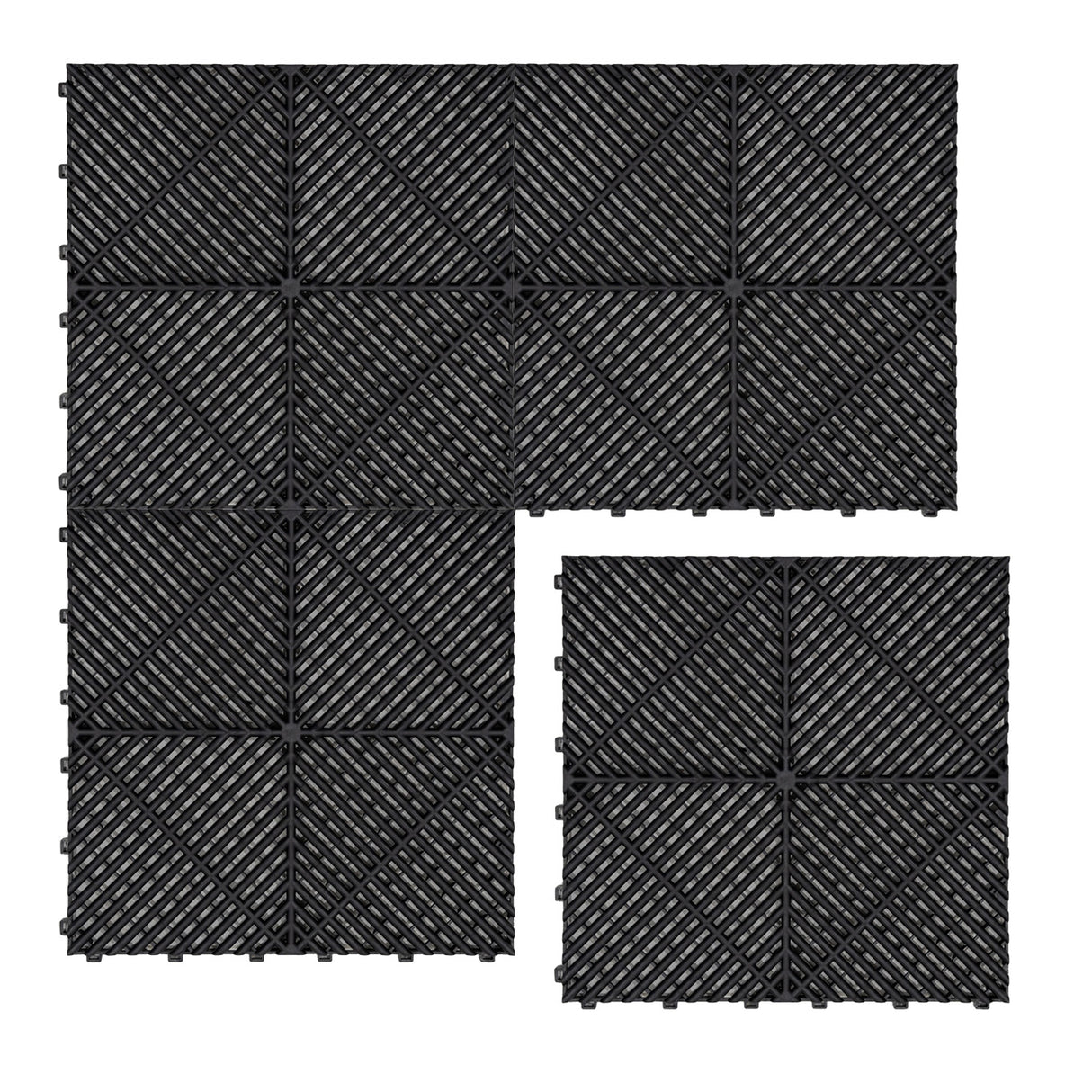 Carrelage de sol ventilé noir pour garage, avec texture en relief et bordures, conçu pour une installation facile et durable