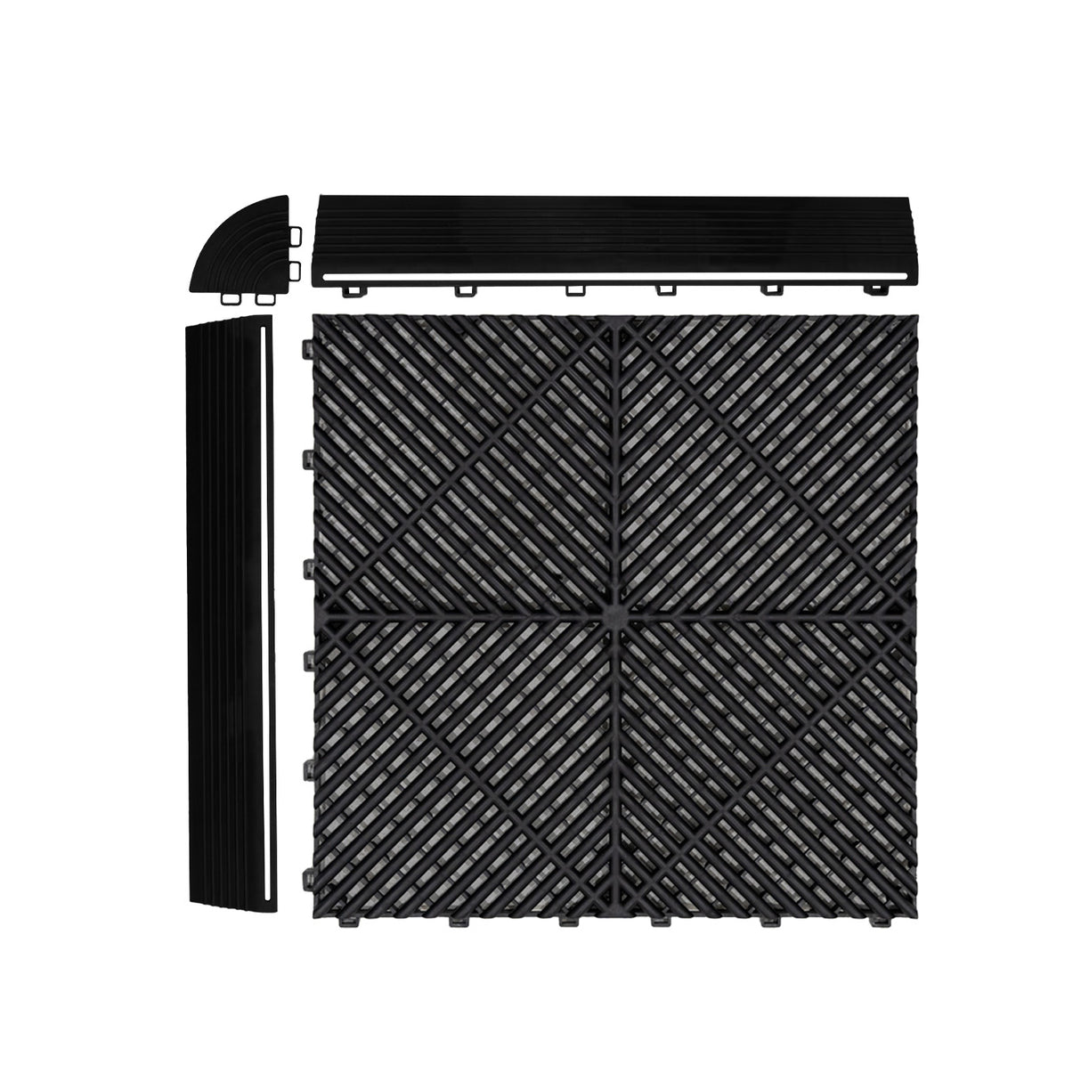 Carrelage de sol ventilé noir pour garage, avec bordures, texture en relief et design en damier, idéal pour un sol durable et esthétique