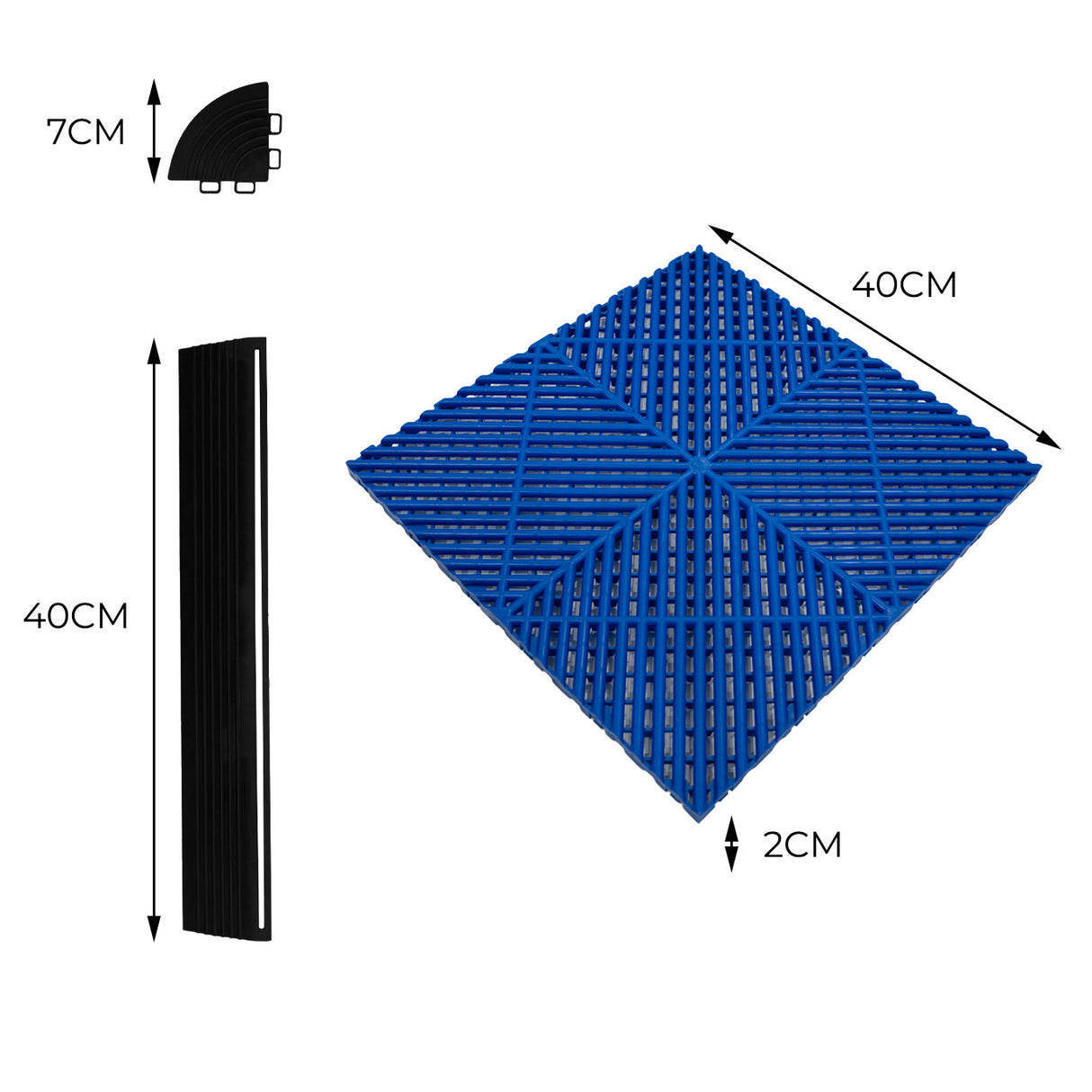 Carrelage de sol ventilé bleu pour garage, carré de 40 cm avec texture en relief et bordure noire de 7 cm, résistant et durable