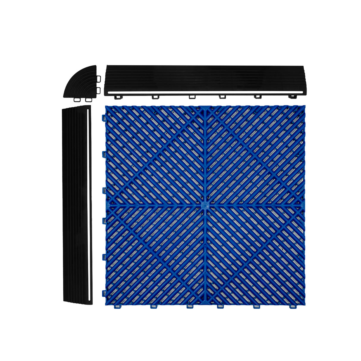 Carrelage de sol ventilé bleu pour garage, avec bordures noires, en plastique durable, texture antidérapante et design en losange