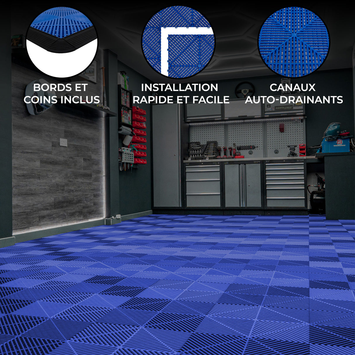 Carrelage de sol ventilé bleu pour garage, avec bordures, texture antidérapante et canaux auto-drainants pour une installation facile