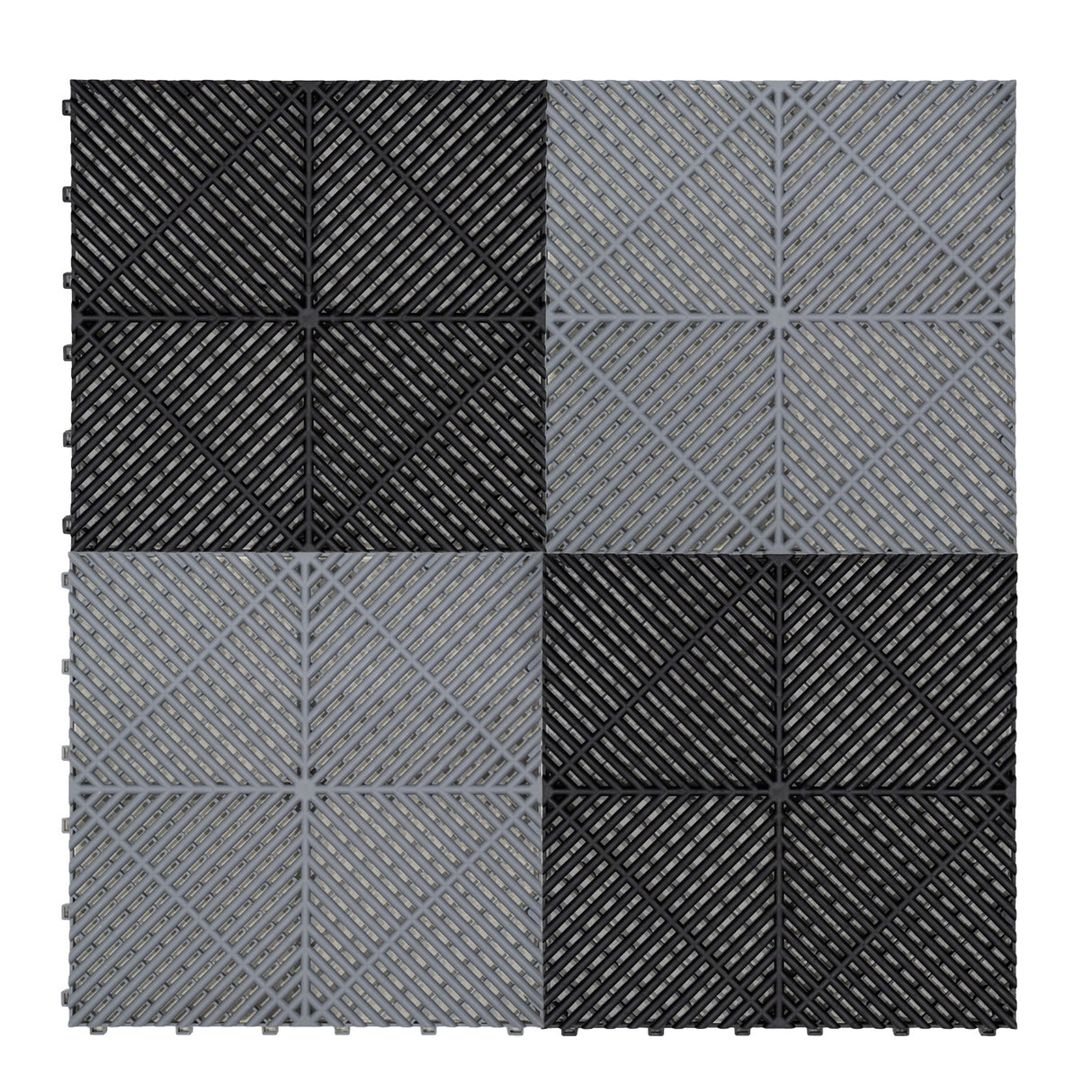 Carrelage de sol ventilé pour garage, composé de dalles noires et grises, avec un motif en relief et une texture antidérapante