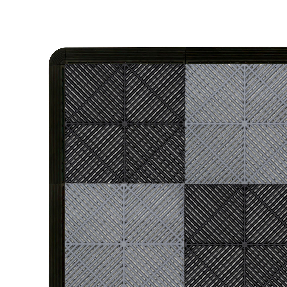 Carrelage de sol ventilé pour garage, motifs en noir et gris, texture en relief, bordure noire, dimensions 60 x 60 cm