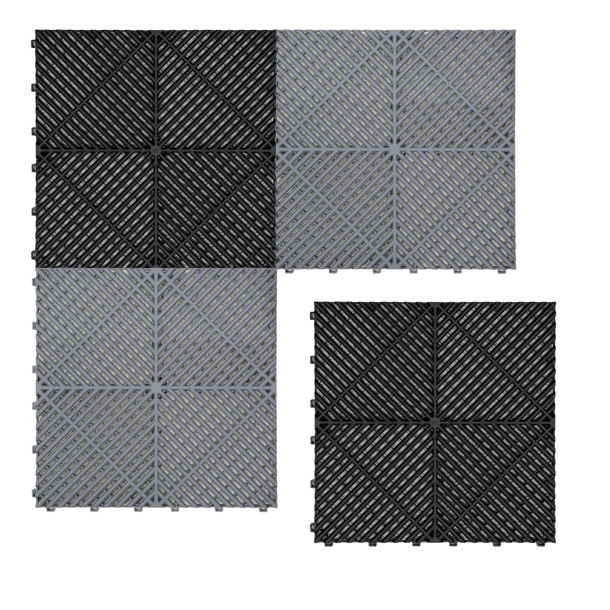 Carrelage de sol ventilé pour garage, en noir et gris, avec texture en relief et bordures, idéal pour un sol durable et esthétique