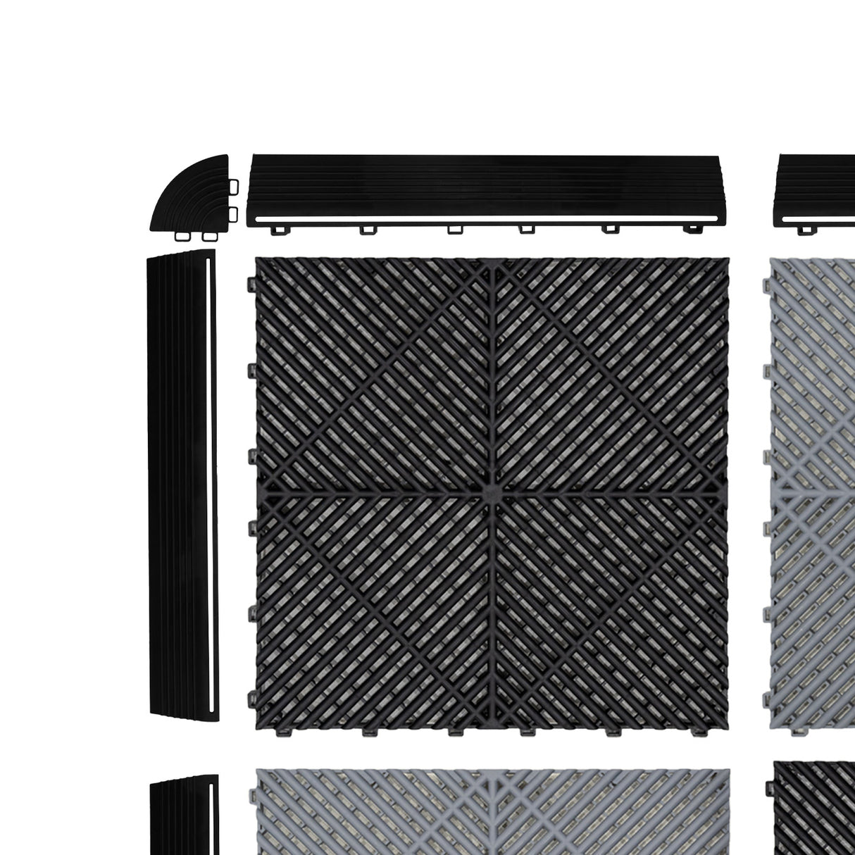 Carrelage de sol ventilé pour garage, noir et gris, avec texture en relief et bordures, idéal pour une surface durable et esthétique