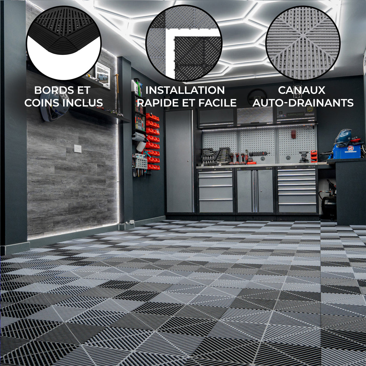 Carrelage de sol ventilé noir et gris pour garage, motifs géométriques, surface texturée, installation facile, coins inclus