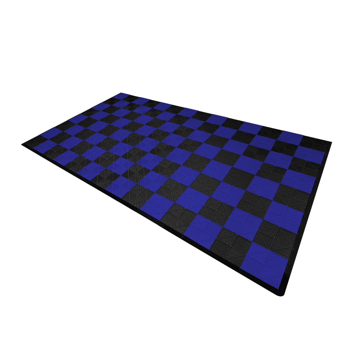 Carrelage de sol ventilé noir et bleu en damier, surface texturée, idéal pour garage, offrant durabilité et style moderne
