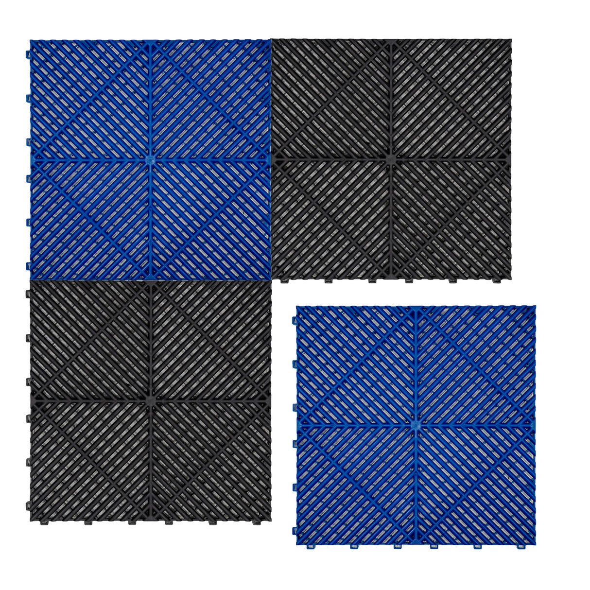 Carrelage de sol ventilé pour garage, avec des dalles noires et bleues, texturé et en forme de carreaux, idéal pour un usage pratique